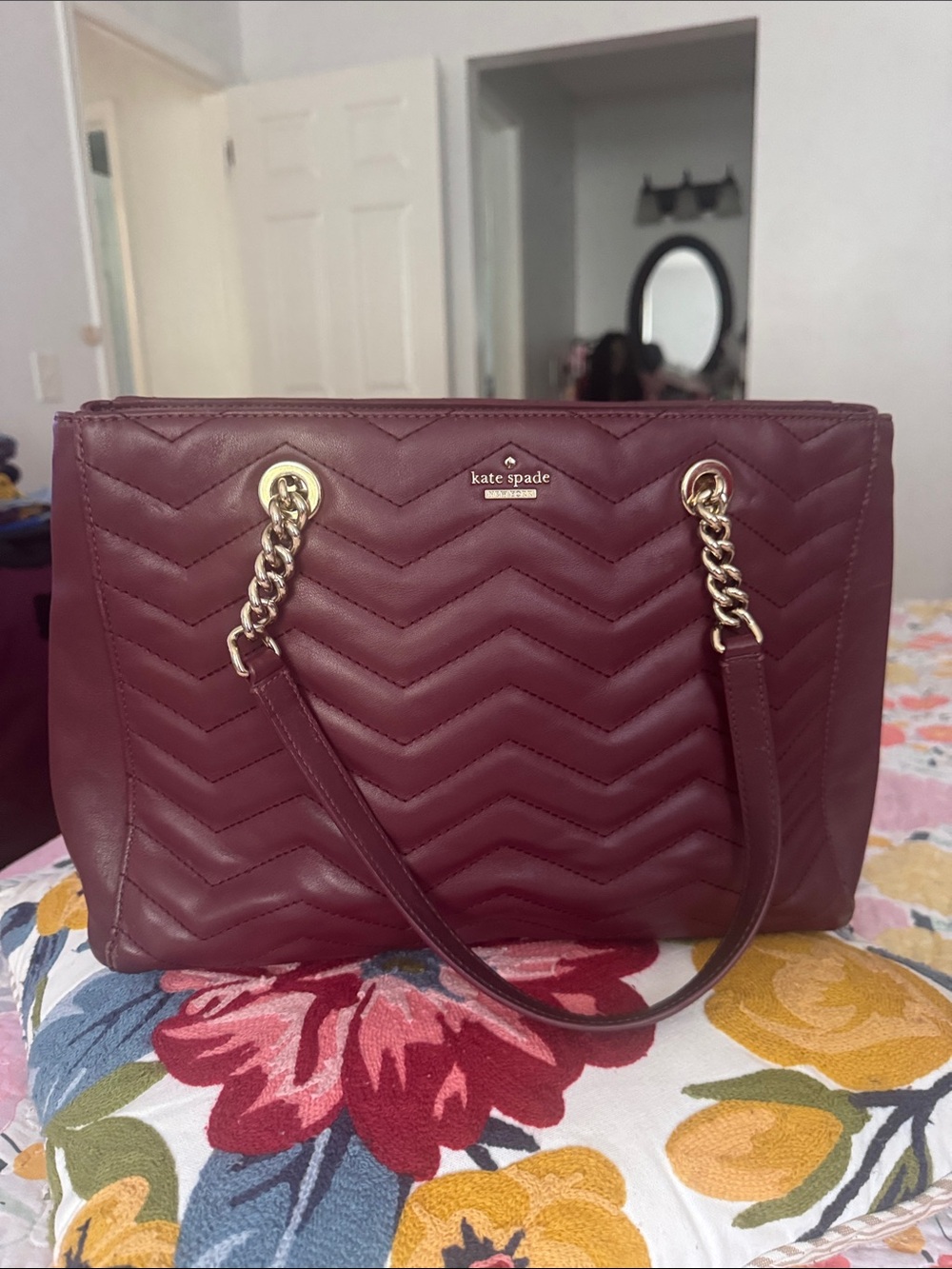 kate spade Quilted Chevron Tote in Burgundy with Gold Chain Handles